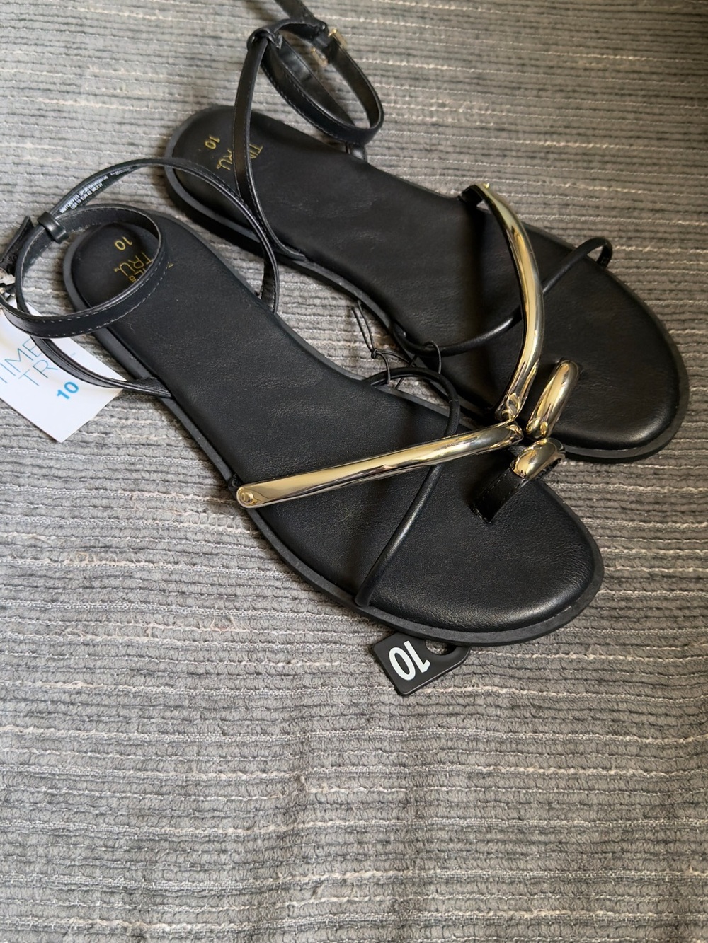Time and Tru Black Sandals with Gold Bar Detail